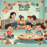 Ilustrasi anak-anak TK belajar aktif bersama guru di kelas di Jogja